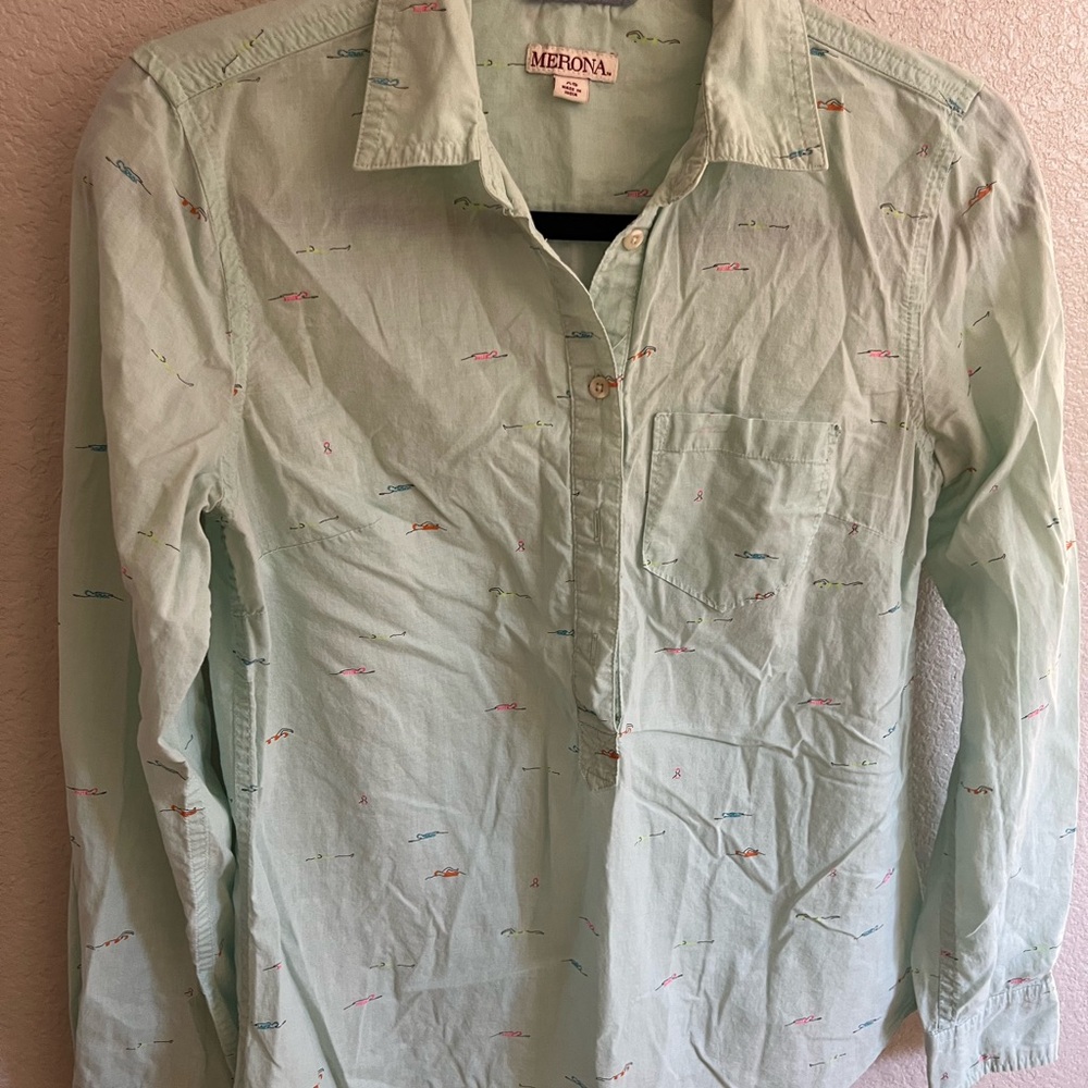 Merona Mint Green Long-Sleeve Button-Up Shirt with Multicolor Micro Print